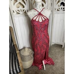 Glam Gurlz Pink Fully Beaded Sequin Prom Evening Dress Train High Slit Medium